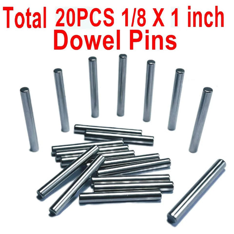 One Eighth Inch Dowel Pins Set, 20 Pieces, One Inch Long Metal Shelf Pins arranged on a white background