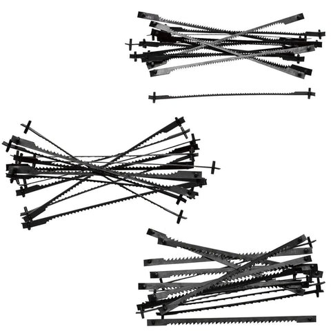 Badass Precision 3 Inch Pin End Scroll Saw Blades 45 Pack laid out showing various teeth sizes for quick wood cutting.