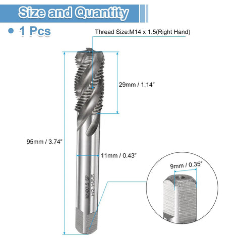 Sick Sharp Spiral Flute Thread Tap M14 x 1.5 Metric Machine Cutting Bit High Speed Steel with size measurements displayed.