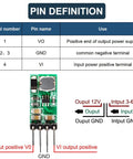 Diagram of Five Pack Dope Boost Power Module Step Up Converter with pin definitions for VO, GND, VI, showing component layout.