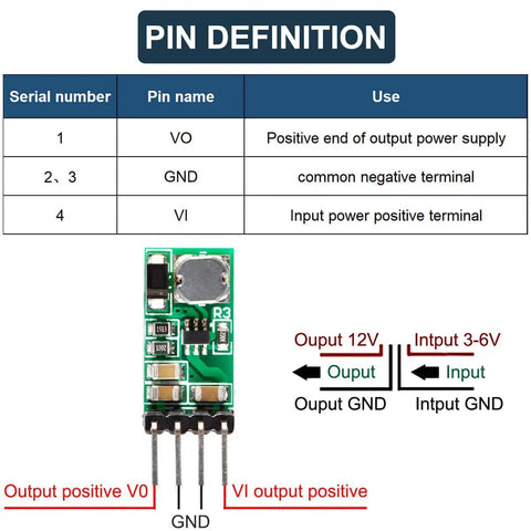 Diagram of Five Pack Dope Boost Power Module Step Up Converter with pin definitions for VO, GND, VI, showing component layout.