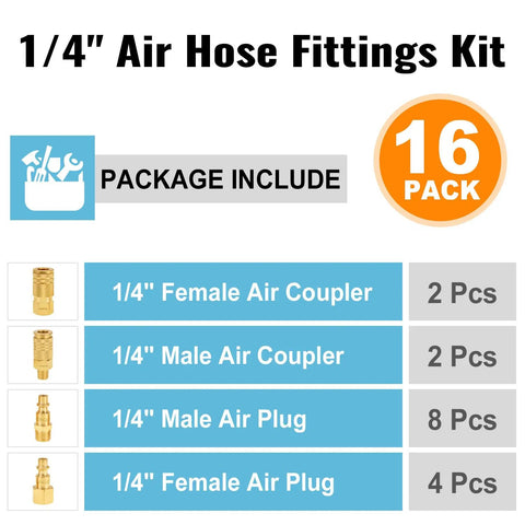 Image of packaging list for One Quarter Inch Air Compressor Quick Connect Fittings Kit 16 Piece Solid Brass Couplers And Plugs NPT.