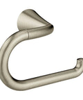 Glyde Brushed Nickel Toilet Paper Holder with Pro Fit Installation, no screw mounting, shown in curved design, wall-mounted.