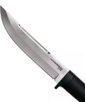 Close-up of Outdoorsman Lite 6 Inch Fixed Blade Knife With 4116 Stainless Steel Textured Kraton Handle and partial blade view.