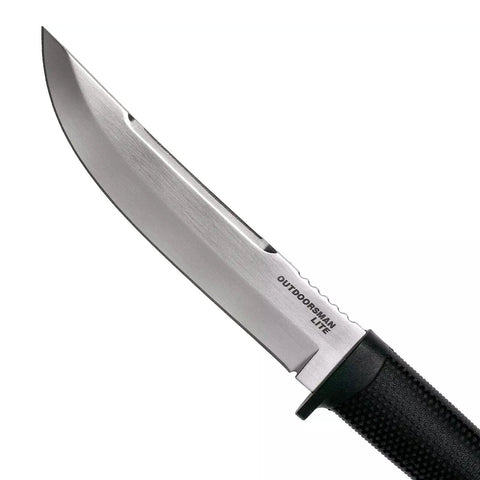 Close-up of Outdoorsman Lite 6 Inch Fixed Blade Knife With 4116 Stainless Steel Textured Kraton Handle and partial blade view.