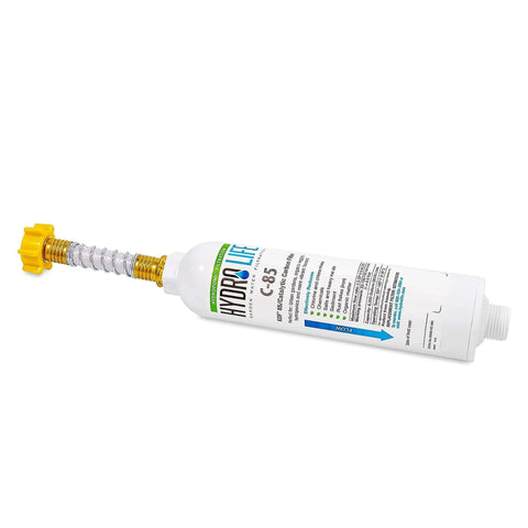 Slick Inline Water Filter With Durable Hose Shield Engineered For Dope Hydroponics Grow Sets And Legit Backyard Gardens Catalytic Carbon And Kdf Media. Inline water filter with yellow connector for garden use.