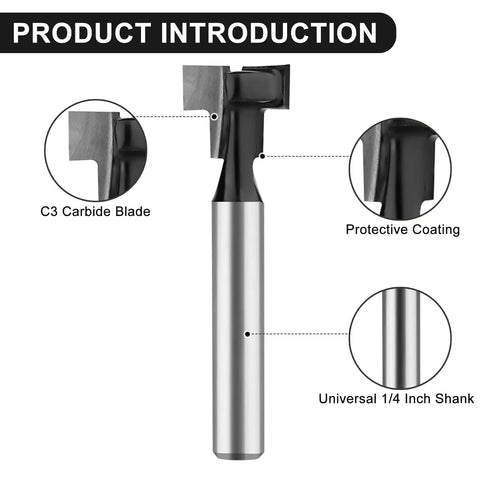 Close-up of Six Piece Keyhole And T Slot Router Bit Set With 1 Quarter Inch Shanks showing blade detail and coating.