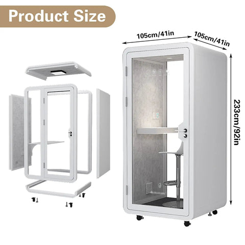 Mobile Soundproof Phone Booth With Soft Led Glow And Built In Usb Ports Compact Acoustic Work Pod, showing product dimensions and parts.
