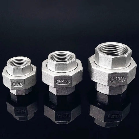 Rock Solid 304 Stainless Steel Coupling Union Pipe Connector Featuring Female To Female Threads For No Sweat Plumbing Jobs And Serious Corrosion Defense in three sizes on a reflective surface.