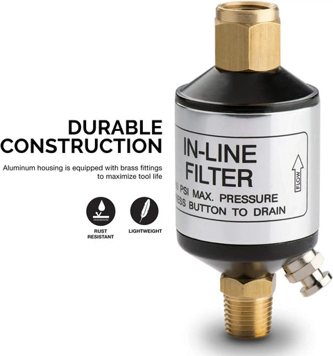 Water And Oil Separator For Air Line 2 Pack One Quarter Inch NPT Inlet And Outlet 150 PSI Air Compressor Accessory Pro Grade with brass fittings
