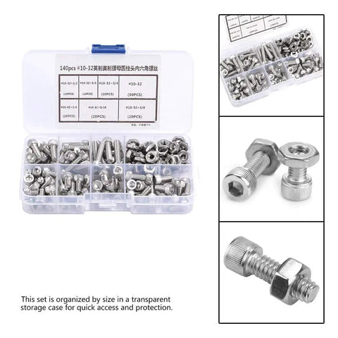 Super Cool Hex Socket Cap Screw Assortment Kit For Quick Projects With 140 Pieces Including Six Sizes Of 10-32 Screws Plus Matching Nuts To Handle Any Garage Fixin Or DIY Job Right Now Without Hassle. Organized screw kit with transparent case.