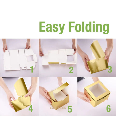 Next Level Gold Bakery Boxes With Crisp Clear Window 25 Pack 6X6X4 Inches Cake Containers For Cupcakes Desserts Cookies Party Favors Sweet Treat Gift Packaging