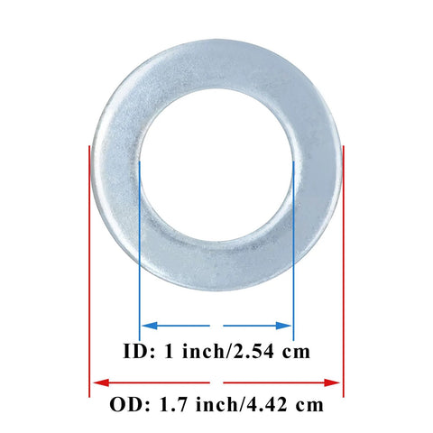 Metal trailer spindle washer for 1-inch shaft; 1.7 inch outer diameter, 1 inch inner diameter (close-up)