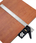 Professional Grade Carpentry Combination Square Layout Ruler With Dead On 45 And 90 Degree Marking on wood sheet for accurate measuring.