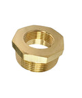 Brass NPT reducer bushing, 1-1/4 in male x 3/4 in female, hex threaded pipe fitting