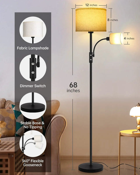 Gold Tone Floor Lamp With Dimmable 9W LED Main Light And 4W Reading Lamp, 68 inches tall with beige linen shade, in living room.