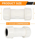 50 Piece 1-1/4 Inch Compression PVC Coupling COM X COM Pipe Fitting Top Shelf Schedule 40 Plastic Connector shown from two angles.