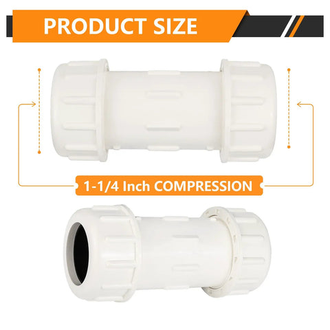 50 Piece 1-1/4 Inch Compression PVC Coupling COM X COM Pipe Fitting Top Shelf Schedule 40 Plastic Connector shown from two angles.