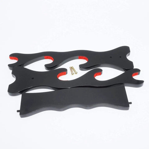Components of Velvet Padded Sword Stand With Felt Protector Display Holder for assembly, includes screws and black wooden parts.