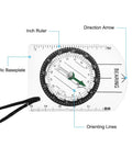 Three Pack Trail Ready Hiking Compass With Declination Scale For Backpacking And Camping, Ultra Lightweight Portable Map Navigation Gear With Wearable Neck Lanyard, White, showing acrylic baseplate and direction arrow.