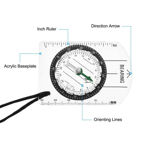 Three Pack Trail Ready Hiking Compass With Declination Scale For Backpacking And Camping, Ultra Lightweight Portable Map Navigation Gear With Wearable Neck Lanyard, White, showing acrylic baseplate and direction arrow.