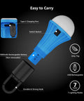 Rechargeable Camping Lantern With 7 Light Modes 3 White 4 RGB USB Cable Included Hanging Light With Clip Hook Must Have For Camping Emergency Christmas Decor Two Pack in blue with USB-C port, switch, and hook.