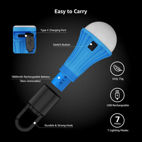 Rechargeable Camping Lantern With 7 Light Modes 3 White 4 RGB USB Cable Included Hanging Light With Clip Hook Must Have For Camping Emergency Christmas Decor Two Pack in blue with USB-C port, switch, and hook.