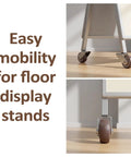 Heavy Duty TPE Caster Wheels 1.5 Inch Diameter Two Pack Replacement Furniture Glides For Desks Shelves And Cabinets in use on a display stand.