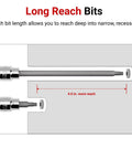 Comparison of long reach and standard bit lengths highlighting the One Quarter Inch Drive Long Torx T25 Socket With Extended Reach.