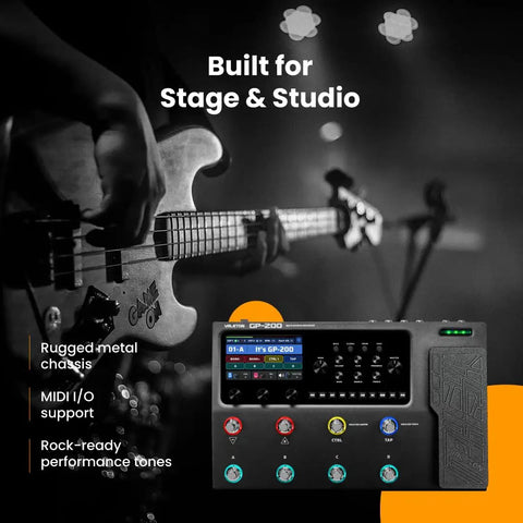 Bass player on stage alongside GP-200 Multi Effects Pedal For Guitar And Bass With Amp Modeling IR Loader Expression Pedal USB Audio Interface Looper Drum Machine And Gig Bag Bundle For Live Gigs
