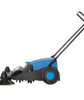 Pro Grade 32 Inch Manual Push Sweeper Featuring Dual Adjustable Brooms And Rigid All Plastic Housing For Swift Driveway Clearing And No Sweat Yard Debris Cleanup Folds Upright, side view showing blue and black design.