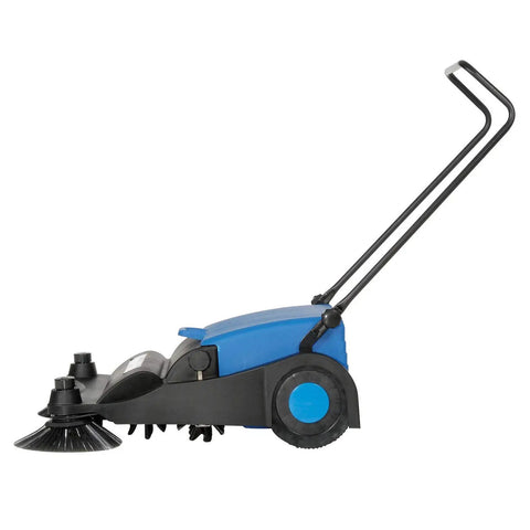 Pro Grade 32 Inch Manual Push Sweeper Featuring Dual Adjustable Brooms And Rigid All Plastic Housing For Swift Driveway Clearing And No Sweat Yard Debris Cleanup Folds Upright, side view showing blue and black design.