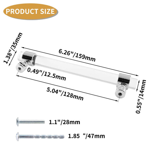 Diagram showing the Six Pack Clear Acrylic T Bar Cabinet Pulls For Dresser And Kitchen Cabinets dimensions and components.