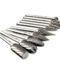 Carbide Burr Set 10 Pieces Half Inch Head Quarter Inch Shank Double Cut Rotary Burrs For Die Grinder And Drill displayed on white