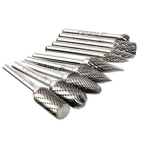 Carbide Burr Set 10 Pieces Half Inch Head Quarter Inch Shank Double Cut Rotary Burrs For Die Grinder And Drill displayed on white