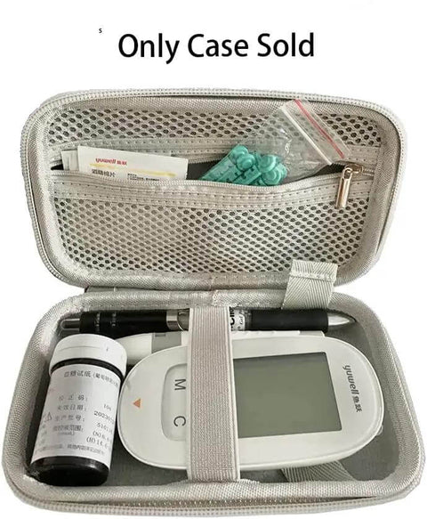 Open Rock Solid Hardshell Diabetes Travel Case Bag with glucometer and accessories for easy access.