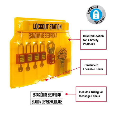 1482BP410 Covered Lockout Tagout Station With Four Zenex Thermoplastic Padlocks in yellow polycarbonate cabinet