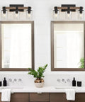 4-Light Industrial Farmhouse Vanity Lights With Rustic Wood And Clear Glass, Modern Metal Wall Sconce in bathroom setting