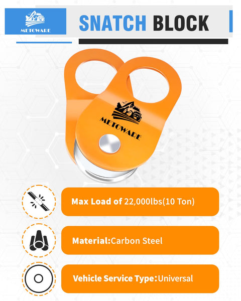 Orange METOWARE snatch block from Offroad Recovery Kit With 10 Ton Heavy Duty Winch Snatch Block Pulley, showing capacity details.