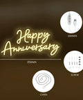 Dimly lit Happy Anniversary neon sign with dimmer, screws, and chain components, 23x11 inches glowing on a dark background.