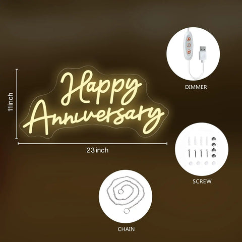 Happy Anniversary neon sign with dimmer, screws, chain, 23x11 inches.