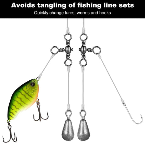 100 Piece Drift Team Approved Three Way Fishing Swivels Black Nickel Stainless Steel T Shape Connectors shown with lure and weights.