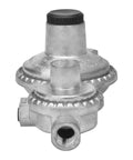 Front view of vertical two-stage propane regulator with black cap, metal body; 1/4in NPT inlet, 3/8in NPT outlet