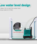 Front view of green Submersible Water Pump With Handle For Pond, Aquarium, Hydroponics And Fountains, in a tank.