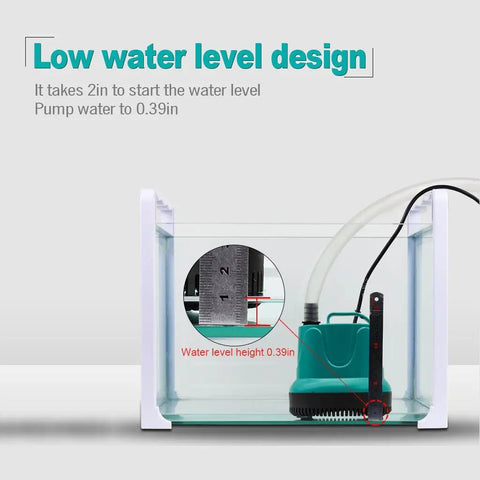 Front view of green Submersible Water Pump With Handle For Pond, Aquarium, Hydroponics And Fountains, in a tank.