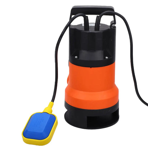 Automatic Submersible Utility Pump With Auto Shutoff Float Switch Blasts Through 1000W Loads, featuring orange and black design with float switch.