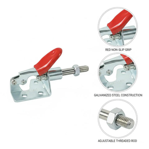 Built Like A Tank Galvanized Steel Toggle Clamp With Bright Red Handle For Welding Fixtures And Woodworking Jigs Clamping Pieces Fast With No Sweat Grip During Any Build Project with adjustable thread and non-slip grip.