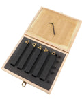 5-piece carbide turning tool set with indexable inserts in a wooden box; hex key included