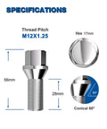 20 Piece Street Ready Chrome Lug Bolts M12 X 1.25 Thread With Rock Solid 28mm Shank and 17mm Hex Head Featuring Conical Seat specifications
