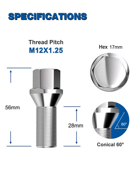 20 Piece Street Ready Chrome Lug Bolts M12 X 1.25 Thread With Rock Solid 28mm Shank and 17mm Hex Head Featuring Conical Seat specifications